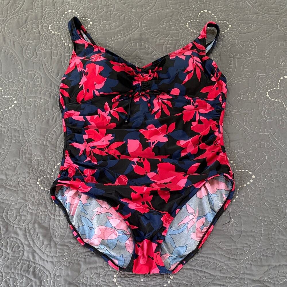 Aqua Green Navy One-Piece Swimsuit with Hot Pink Floral Print